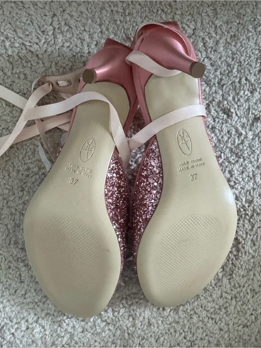 D. Lacquaniti Pink Glitter Peep Toe Lace-Up Ribbon Heels Size 37 / US 7